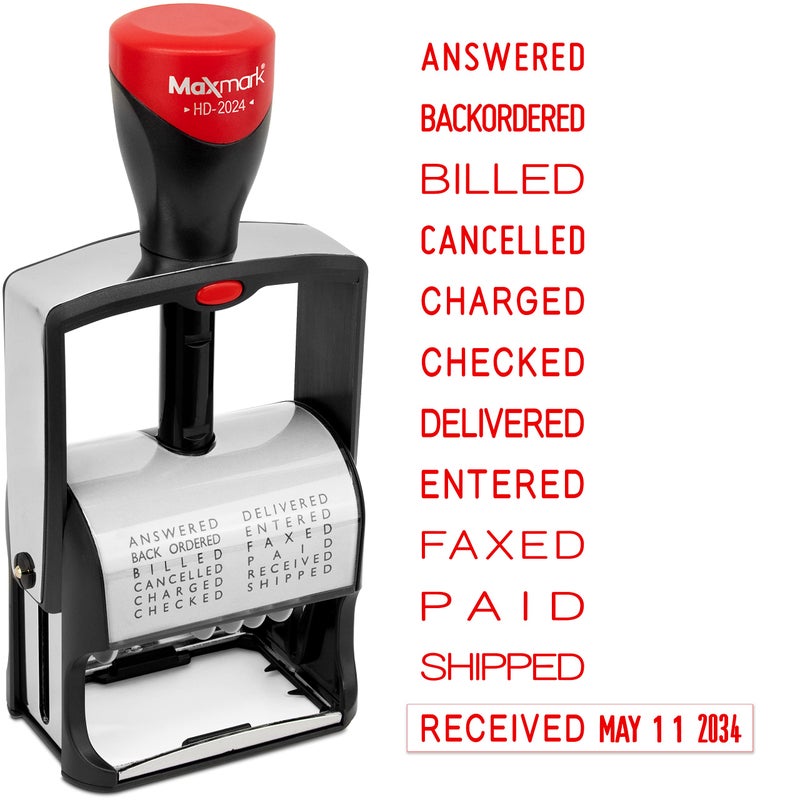 MaxMark 2024 Heavy Duty Date Phrase Stamp, Large Date Size - Exclusive 12-Year Band - Red Ink - Image 1